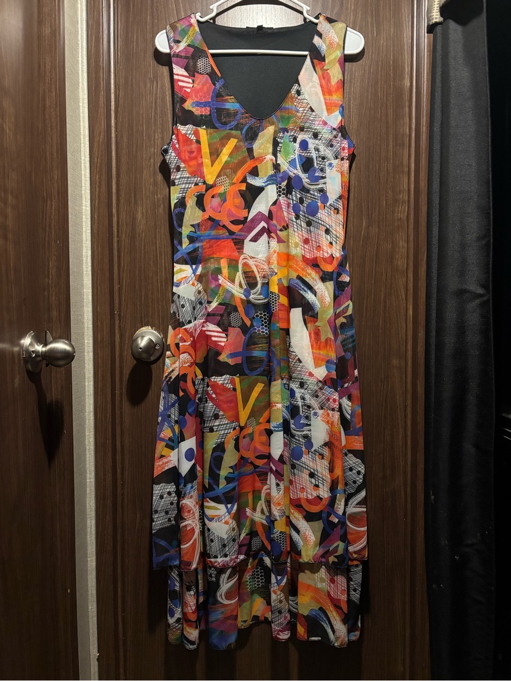 Kozan Multicolor Abstract V-Neck Sleeveless Knit Stretch Lined Midi Dress M